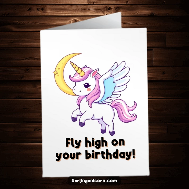 Funny Free Printable Birthday Card: Kawaii unicorn with iridescent wings spread wide, soaring near a crescent moon.