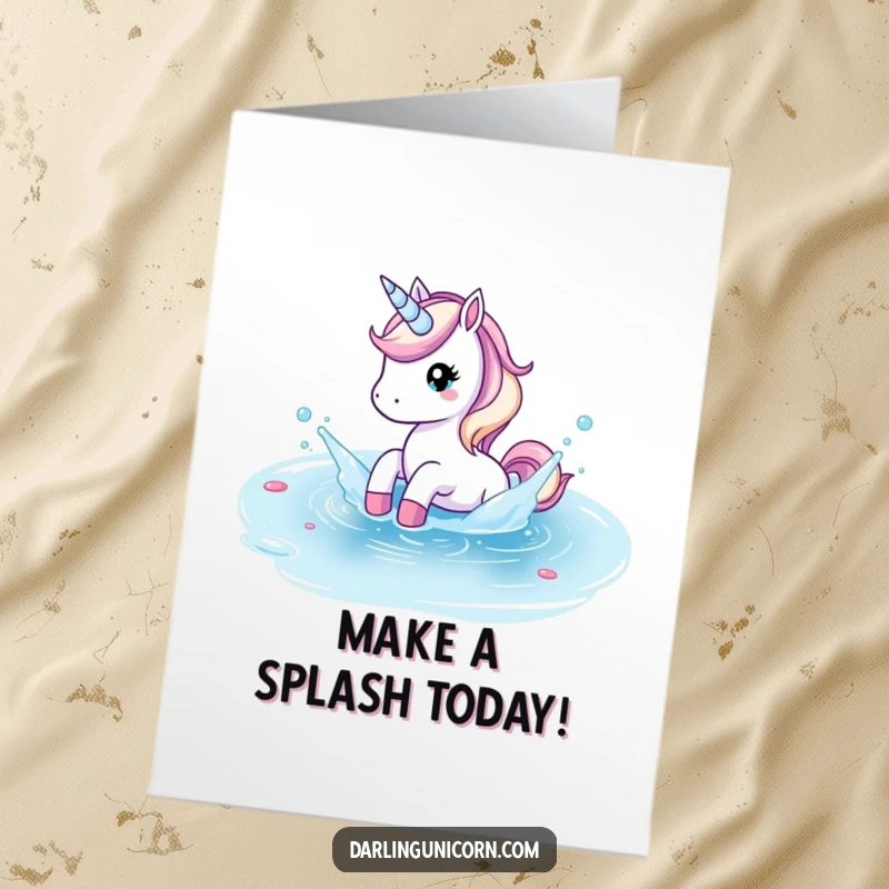 Funny Free Printable Birthday Card: Unicorn playfully splashing in a crystal clear pond, a fun DIY gift.