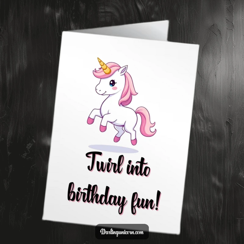 Free Printable birthday card of a unicorn gracefully twirling, its horn leaving a light trail.
