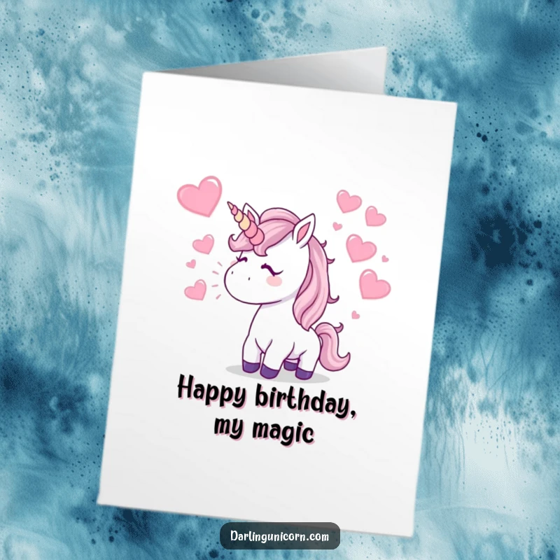 Funny Free Printable Birthday Card: a unicorn blows a kiss, sending sparkling hearts flying. Romantic downloadable gift.