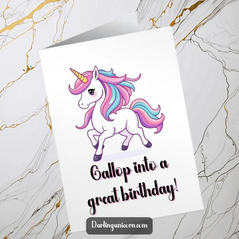 Funny Free Printable Birthday Card: A unicorn prancing joyfully, its mane cascading like a colorful waterfall.