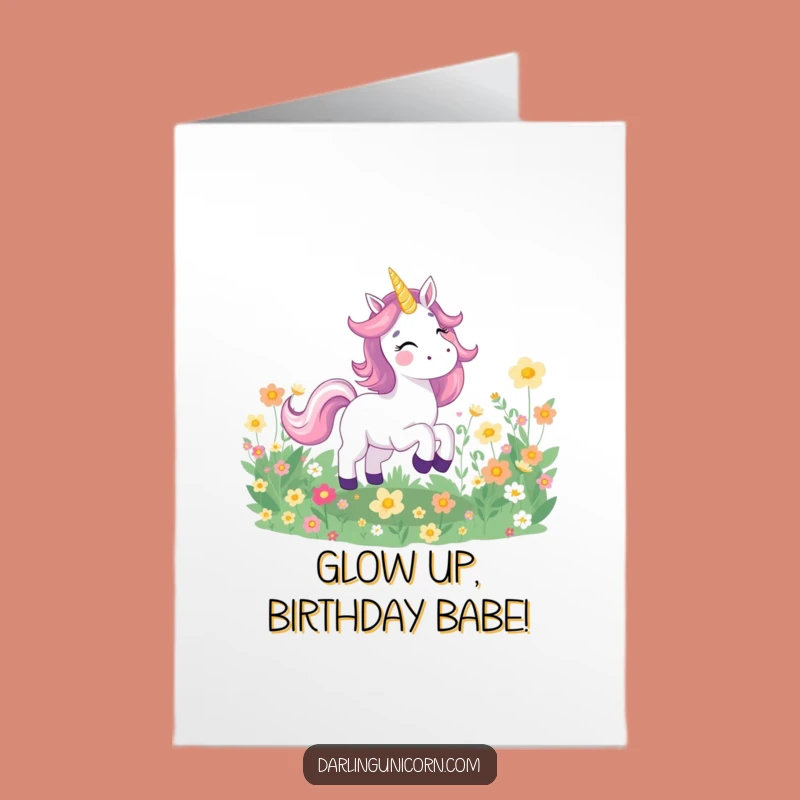 Free Printable Birthday Card: Joyful Unicorn Flower Field - Funny Downloadable Gift Idea