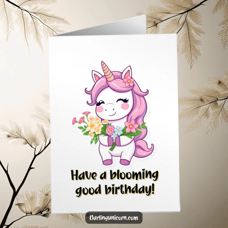 Funny Free Printable Birthday Card: A beaming unicorn holds a vibrant bouquet of flowers, wishing a happy birthday.