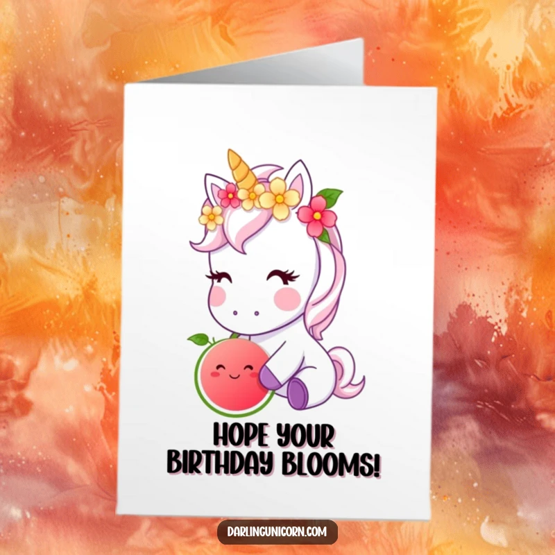 Funny Free Printable Birthday Card: Cute unicorn with flower crown nibbling magical fruit, celebrating a sweet birthday.