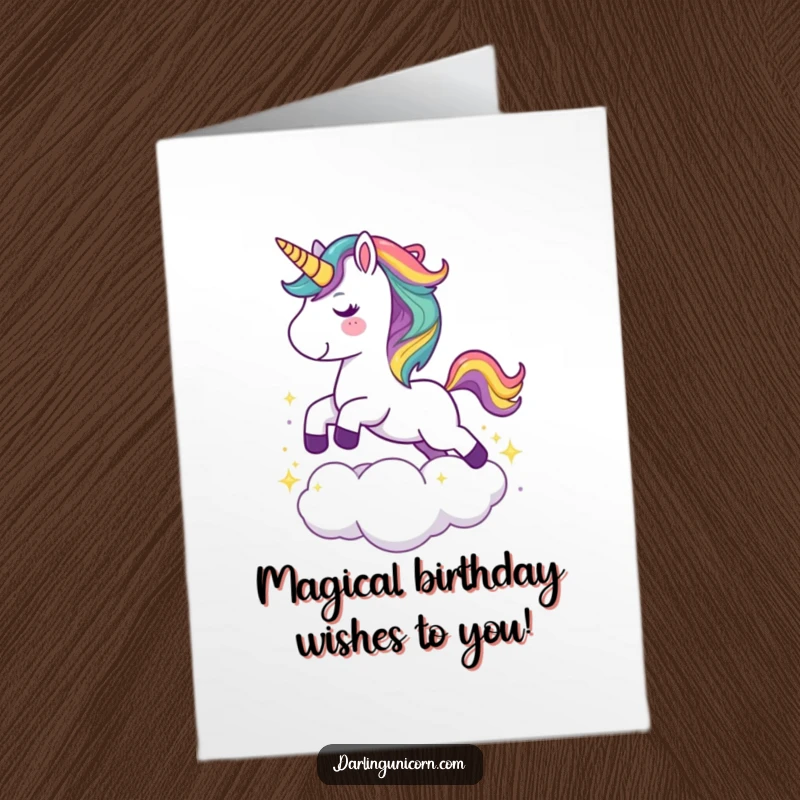 Free Printable Birthday Card: Cute unicorn with a rainbow mane joyfully leaps over a sparkling cloud.