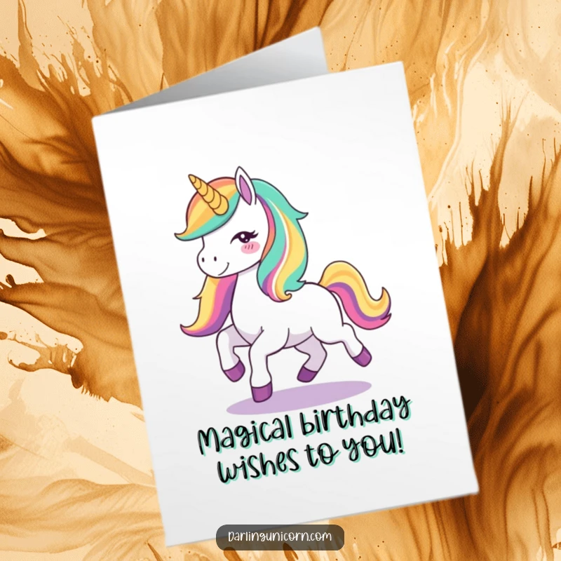 Free Printable Birthday Card: A cute unicorn with a vibrant rainbow mane joyfully prancing in a field, radiating happiness and magic.