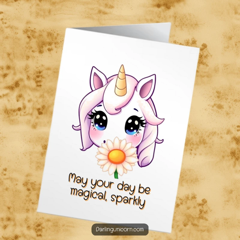 Funny Free Printable Birthday Card featuring an innocent unicorn with big eyes sniffing a giant daisy. Whimsical downloadable gift.