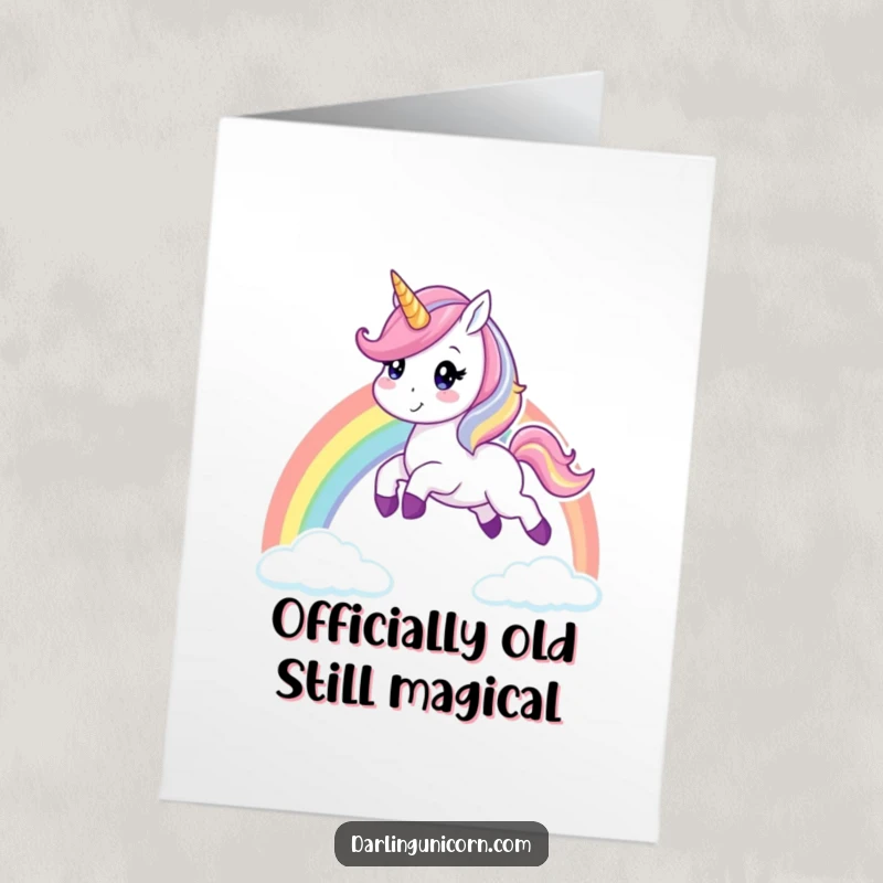 Funny Free Printable Birthday Card featuring a joyful unicorn mid-leap over a vibrant rainbow, spreading cheer.