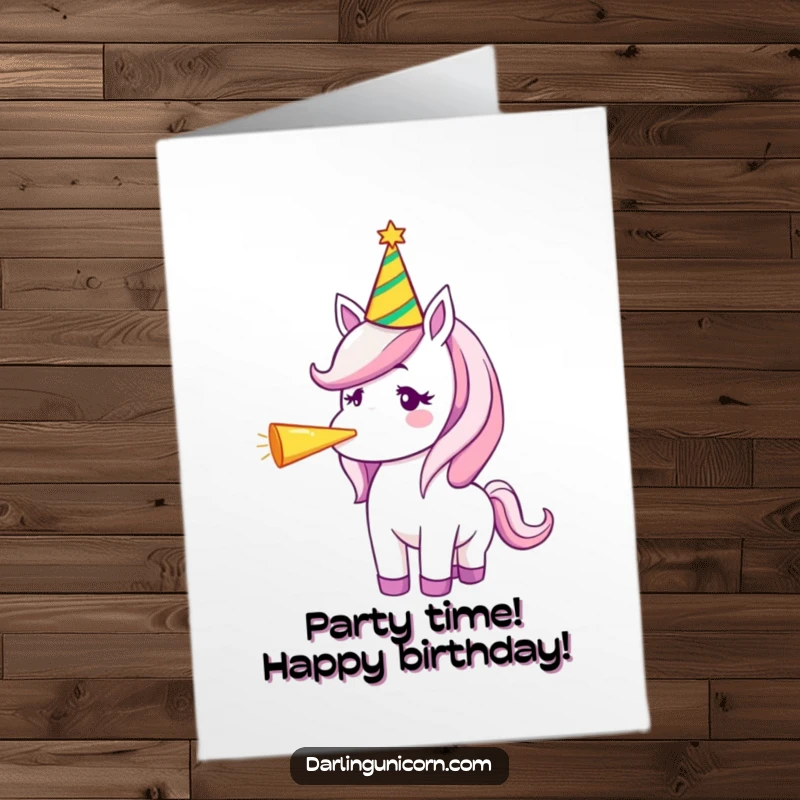 Funny Free Printable Birthday Card: Unicorn in party hat blowing a party horn, celebrating with loud joy, digital download.