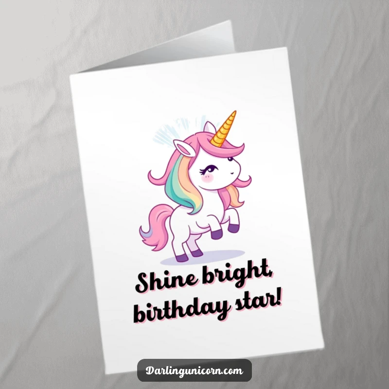 Funny free printable birthday card featuring a unicorn generating a vibrant, dazzling light show emanating from its glowing horn.