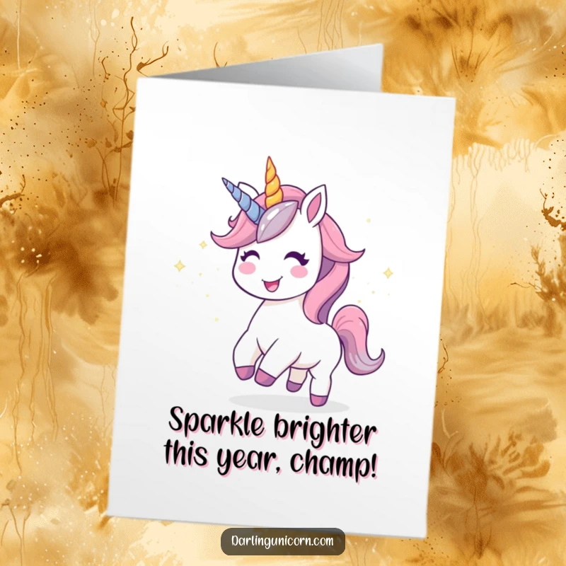 Funny Free Printable Birthday Card: Kawaii unicorn with a joyful expression leaving a trail of stardust.