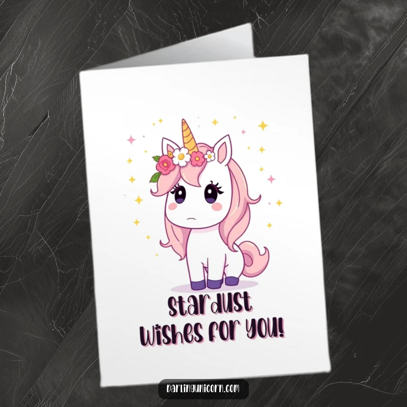 Funny Free Printable Birthday Card: Surprised unicorn with flower crown watching stardust fall, magical birthday greeting.