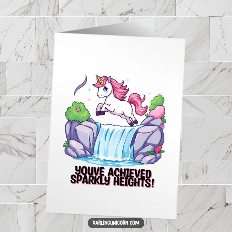 Funny free printable congratulations card with a jubilant unicorn mid-leap over a glittering waterfall, cheering for a big achievement.