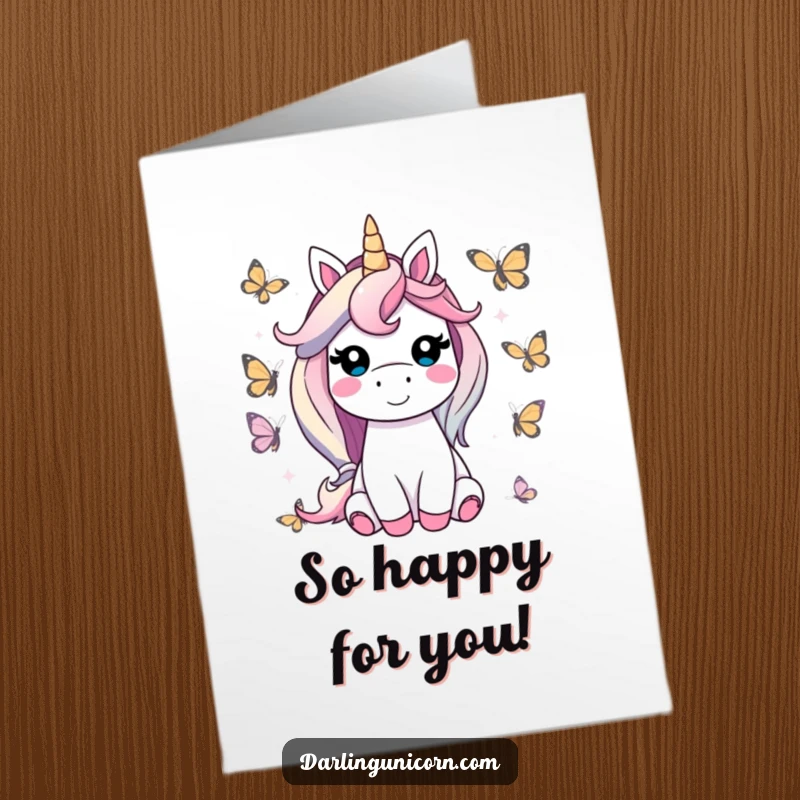Funny Free Printable Congratulations Card: A smiling unicorn is embraced by friendly butterflies, celebrating a wonderful accomplishment.