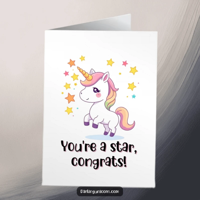 Funny Free Printable Congratulations Card: A vibrant unicorn juggling colorful star fragments with its horn, full of energy.