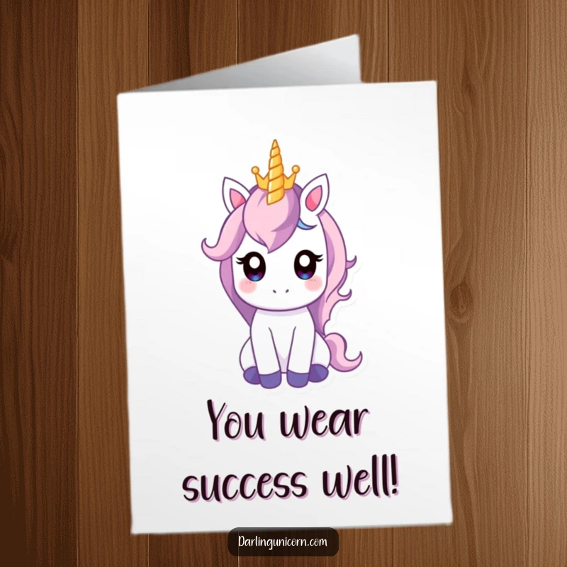 Funny Free Printable Congratulations Card: A unicorn with gentle eyes balancing a small crown perfectly on its horn.