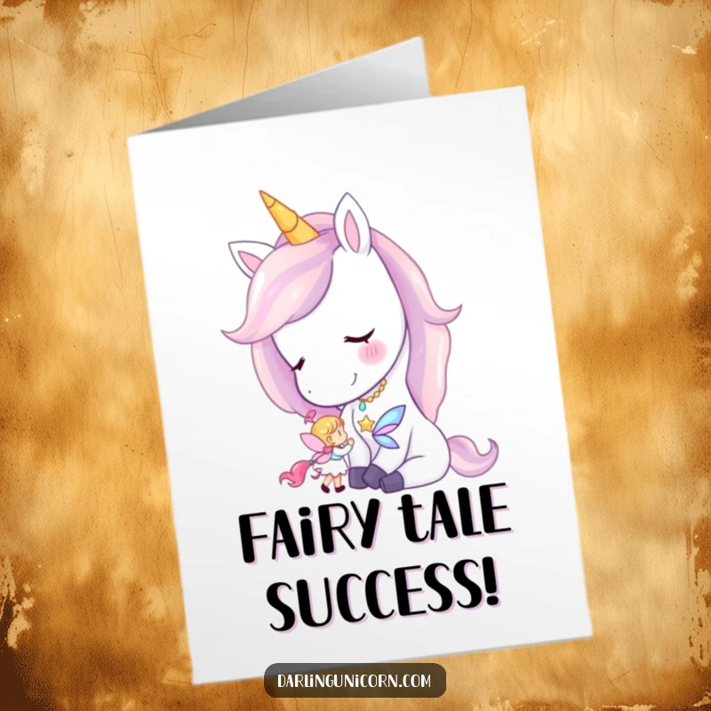 Free printable congratulations card showing a peaceful unicorn tenderly nuzzling a small, smiling fairy, celebrating friendship.
