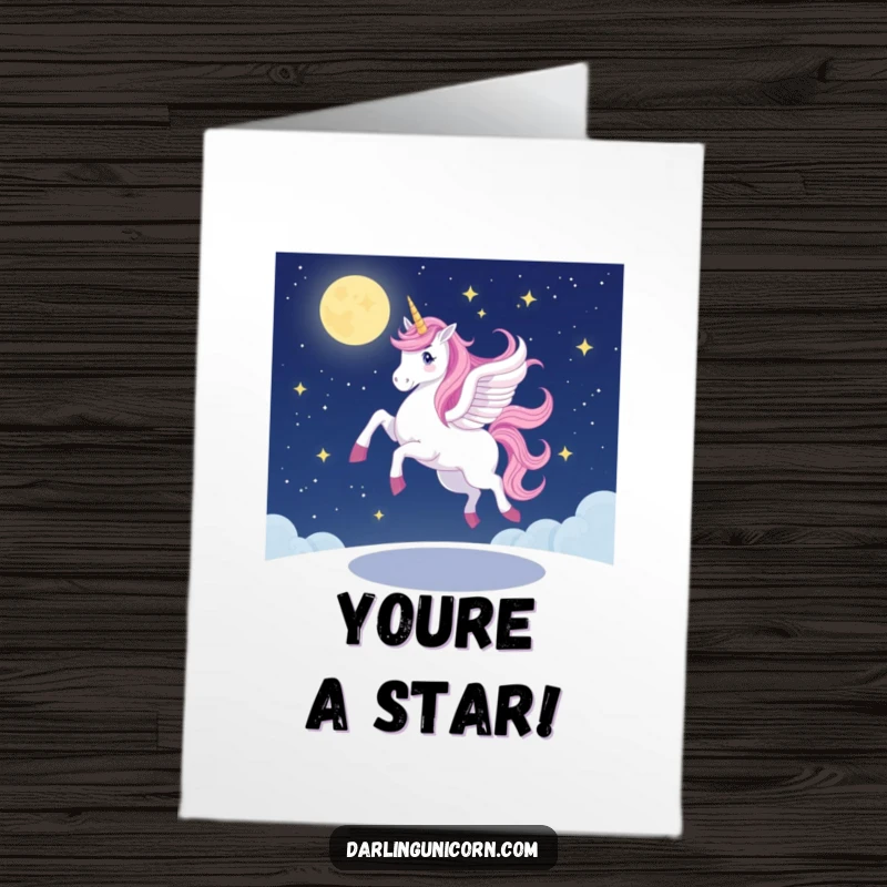 Funny Free Printable Congratulations Card: A unicorn does a wobbly pirouette under the stars, cheering for a great achievement.