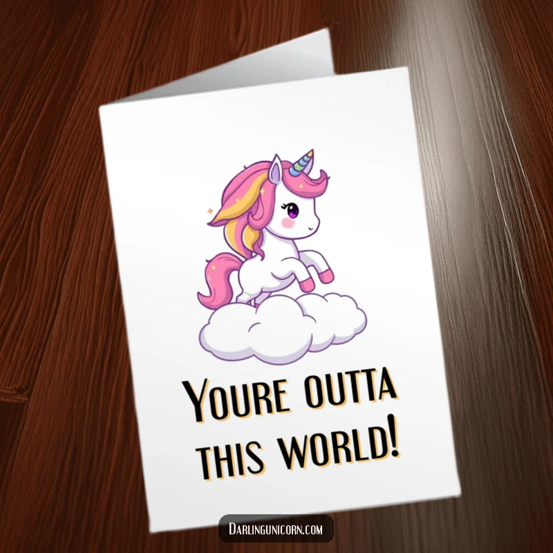 Funny Free Printable Congratulations Card: Sparkling unicorn with rainbow mane leaping over a cloud in celebration.