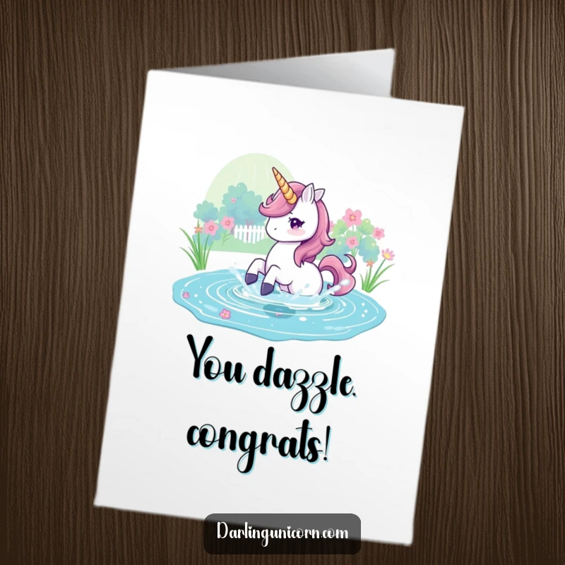 Funny Free Printable Congratulations Card: A joyful unicorn splashes playfully in an iridescent pond, marking a celebratory moment.