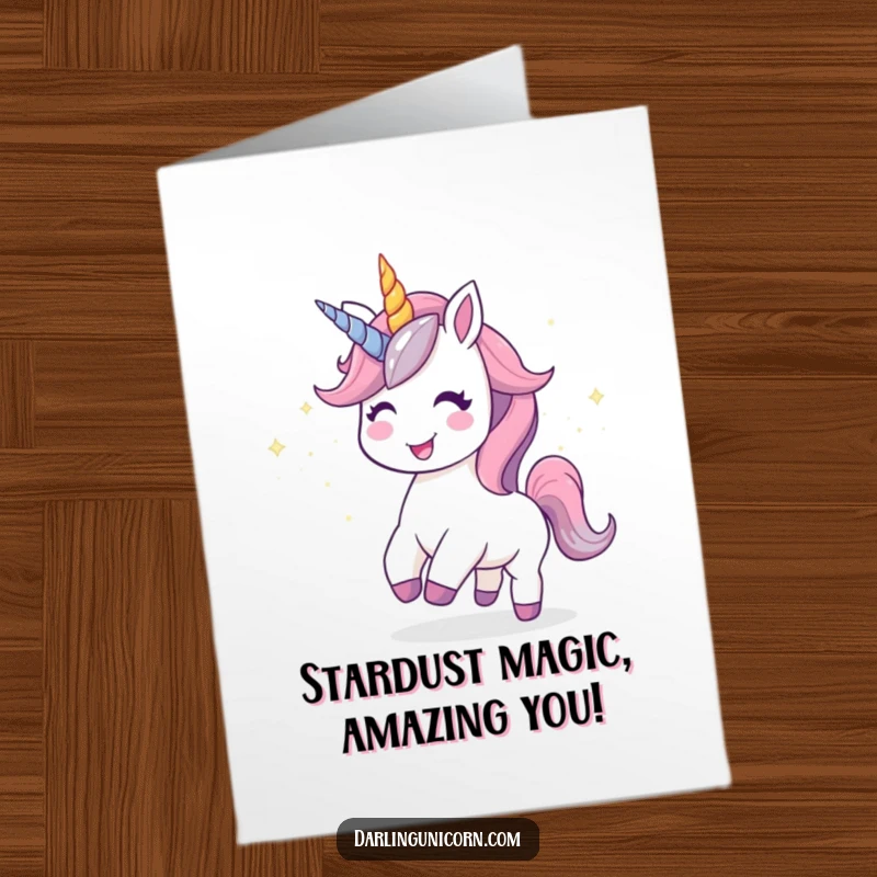 Funny Free Printable Congrats Card: Kawaii unicorn with a joyful expression leaving a trail of stardust.
