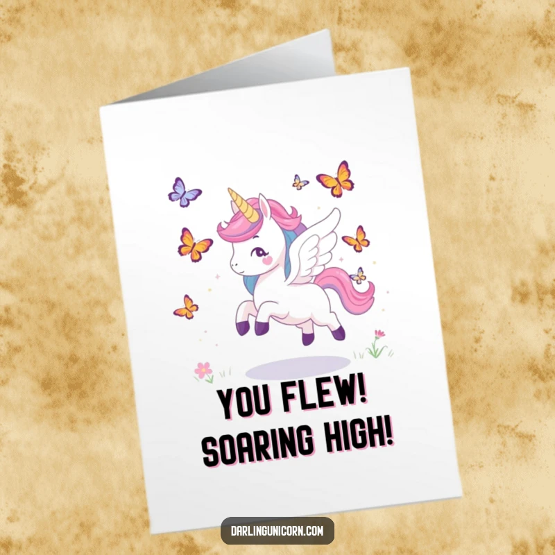 Free Printable Congratulations Card: Unicorn with wings playfully chasing butterflies, symbolizing freedom and success, digital art.