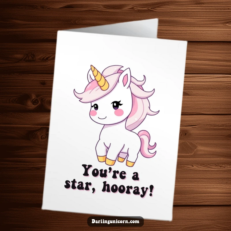 Funny Free Printable Unicorn Congratulations Card: Happy unicorn tossing starry mane, celebrating achievements with sparkle.
