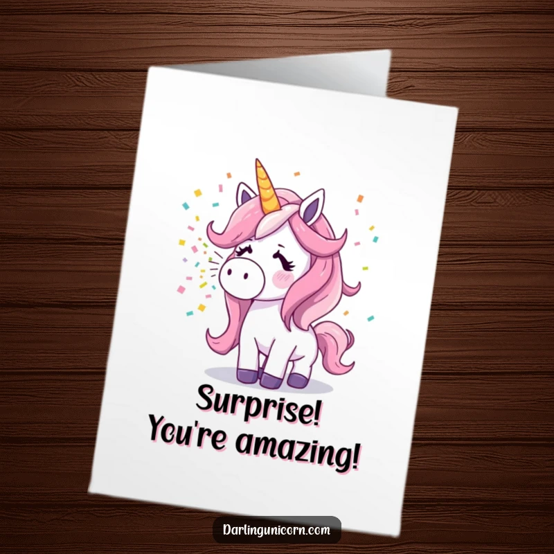 Funny Free Printable Congratulations Card: A surprised unicorn sneezing a massive, colorful confetti burst to celebrate.