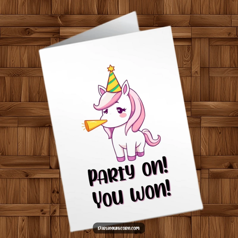 Free Printable Congratulations Card: Unicorn in party hat blowing a party horn, celebrating success with fanfare, digital art.