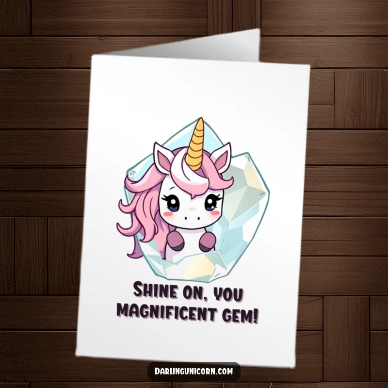 Funny Free Printable Congrats Card: Shy unicorn peeks from behind a translucent crystal, offering a subtle congratulations.
