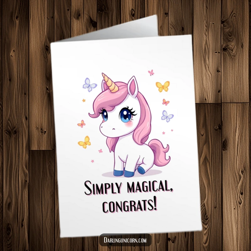 Free Printable congratulations card featuring a unicorn with innocent eyes watching butterflies.