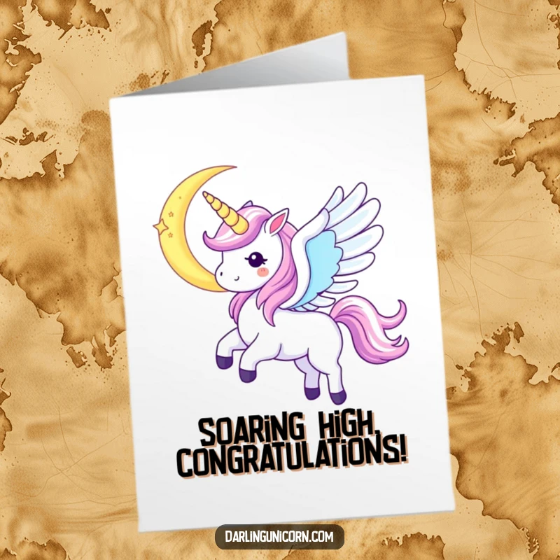 Funny Free Printable Congrats Card: Kawaii unicorn with iridescent wings spread wide, soaring near a crescent moon.