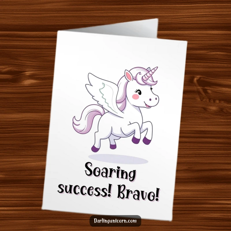 Funny Free Printable Congratulations Card: A happy unicorn with wings spread wide, galloping through the air to celebrate.