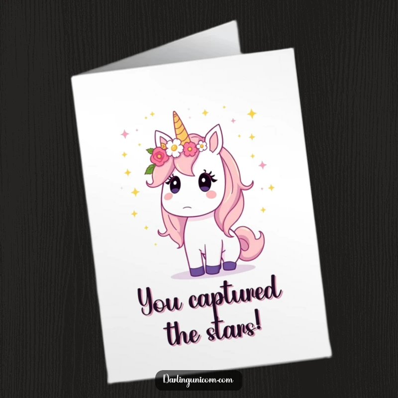 Funny Free Printable Unicorn Congratulations Card: Surprised unicorn with flower crown, watching stardust fall, celebrating wonder.