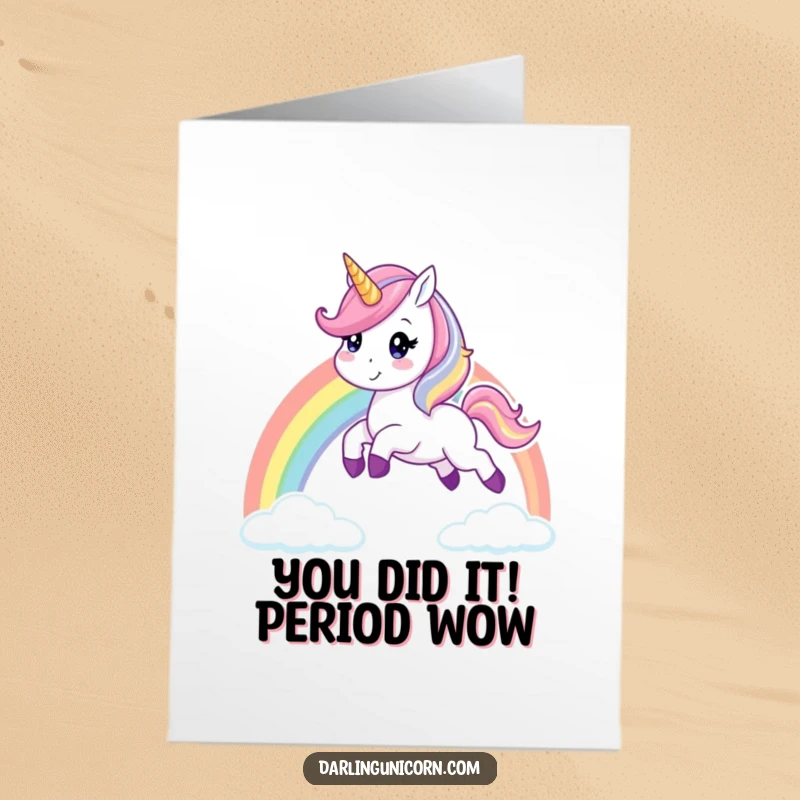 Funny Free Printable Congratulations Card: A unicorn joyfully leaps over a bright rainbow, signifying great success.