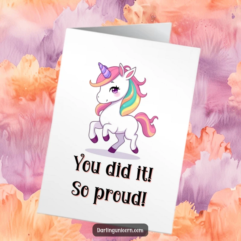 Free Printable Congratulations Card: Elegant unicorn with rainbow mane prancing, conveying heartfelt congratulations, digital design.