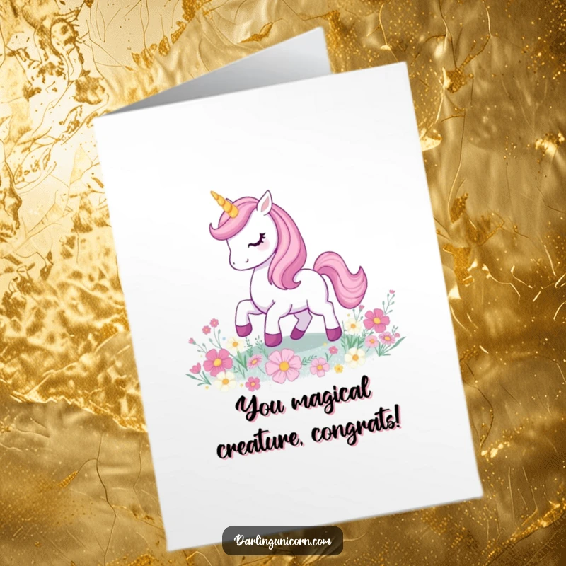 Funny Free Printable Unicorn Congratulations Card: Playful unicorn prancing on flowers, announcing exciting news with sparkle.