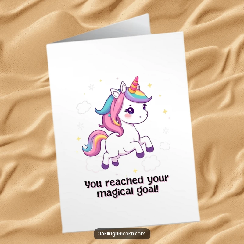 Funny Free Printable Congrats Card: Kawaii unicorn with rainbow mane leaping through sparkling clouds.