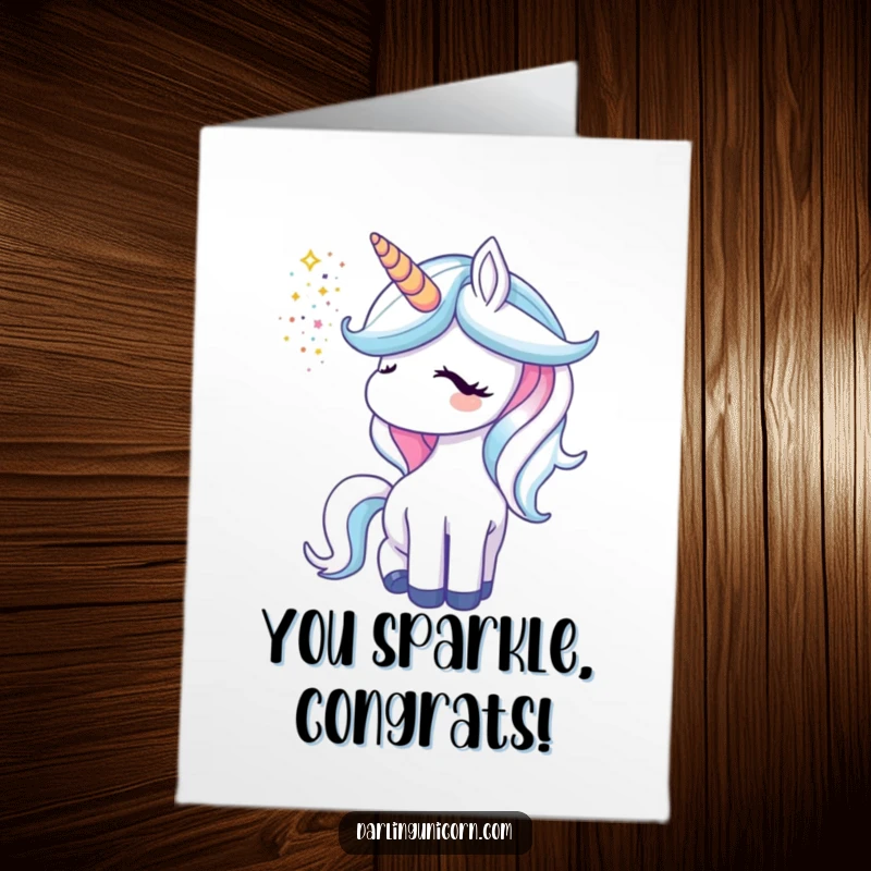 Funny Free Printable Congratulations Card: A unicorn horn erupts in a cascade of glitter, celebrating a triumphant success with sparkle.