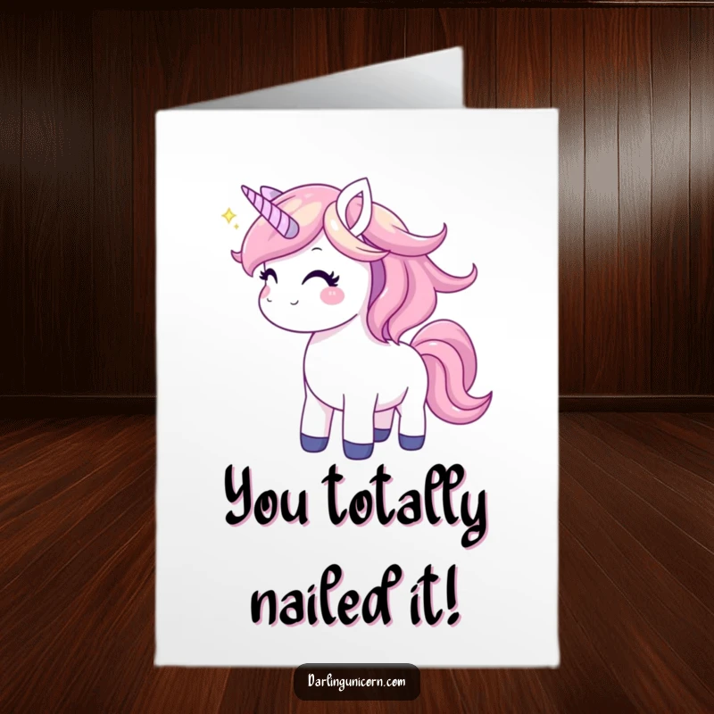 Funny Free Printable Congratulations Card with a joyful unicorn tossing its mane, symbolizing triumphant achievement and sparkling success.