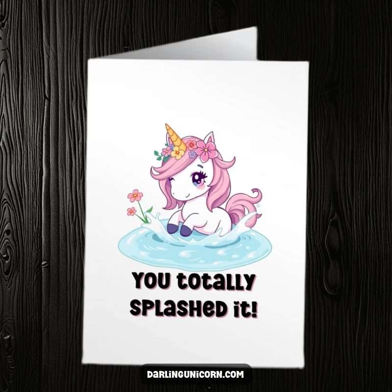 Funny Free Printable Congratulations Card: A unicorn with flowers playfully splashes in a crystal pond.