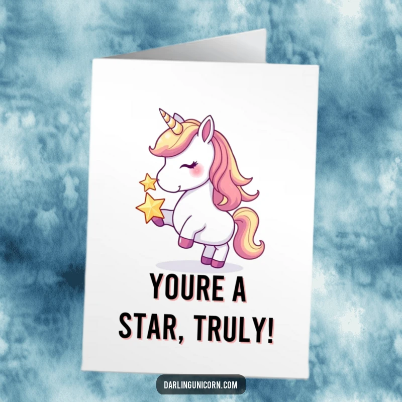 Funny Free Printable Congratulations Card: A unicorn humorously balances a bright star on its nose, celebrating success.