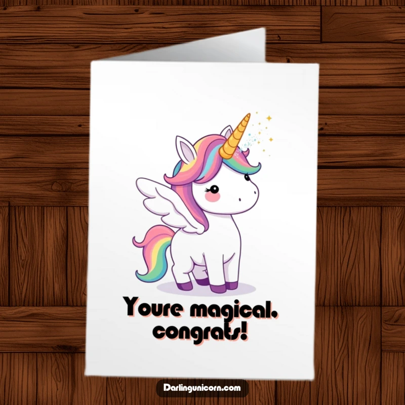 Funny Free Printable Congratulations Card: Unicorn blowing glitter from horn, a magical way to say congrats, downloadable art.