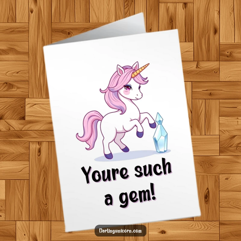 Funny Free Printable Congratulations Card: Unicorn with a flowing tail elegantly prancing, horn touching a glowing crystal.