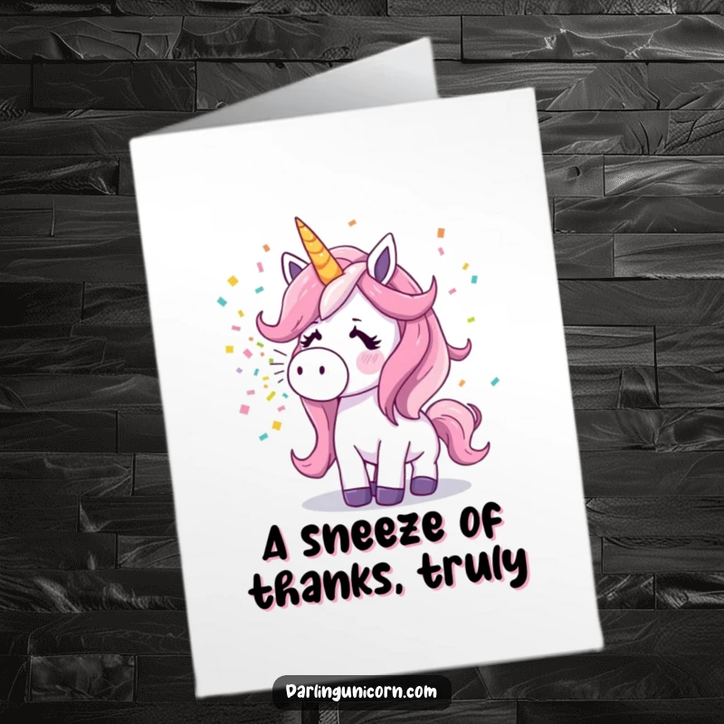 Funny Free Printable Thank You Card: A surprised unicorn sneezing a joyful shower of colorful confetti, saying thank you.