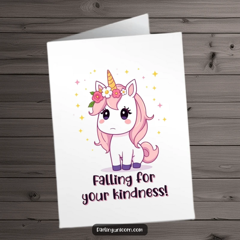Funny Free Printable Unicorn Thank You Card: Surprised unicorn with flower crown watching stardust fall, expressing thanks.