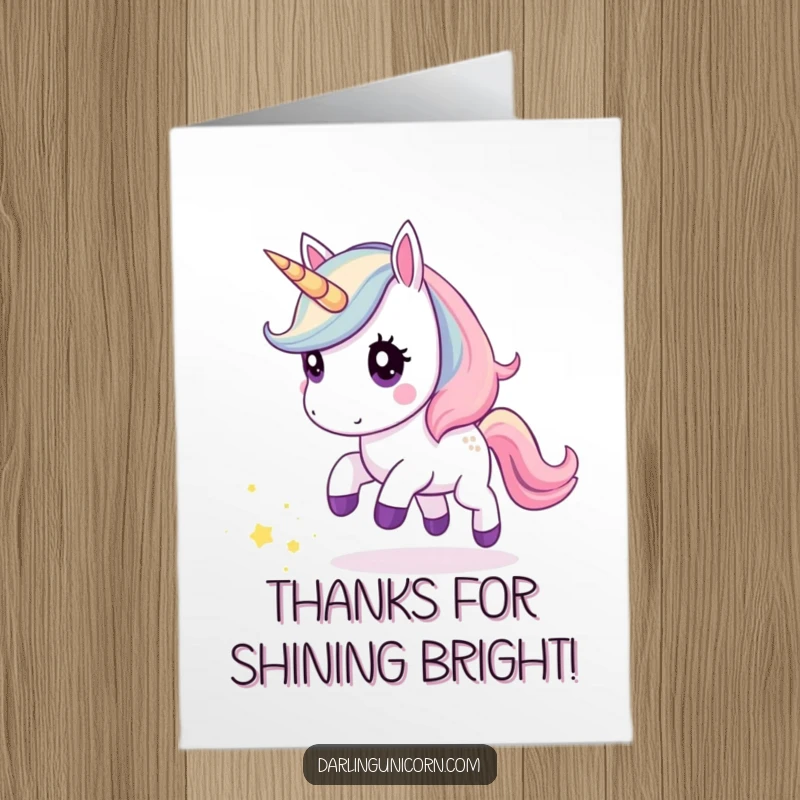 Funny Free Printable Thank You Card: Adorable kawaii unicorn curiously gazing while chasing a mystical trail of stardust.