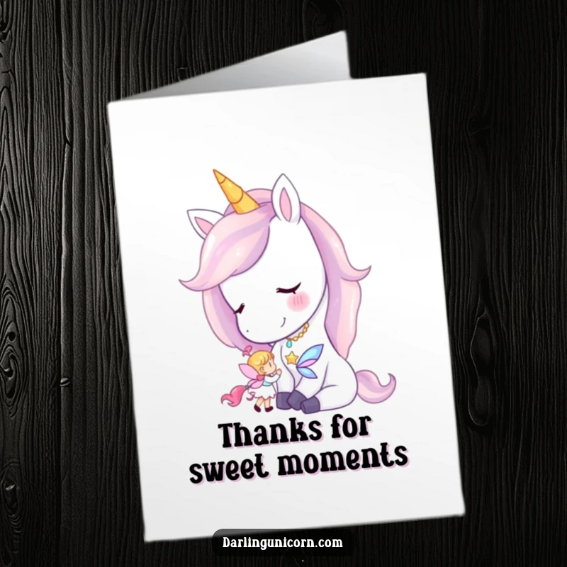 Free printable thank you card depicting a tranquil unicorn with a gentle expression, nuzzling a petite, cheerful fairy.