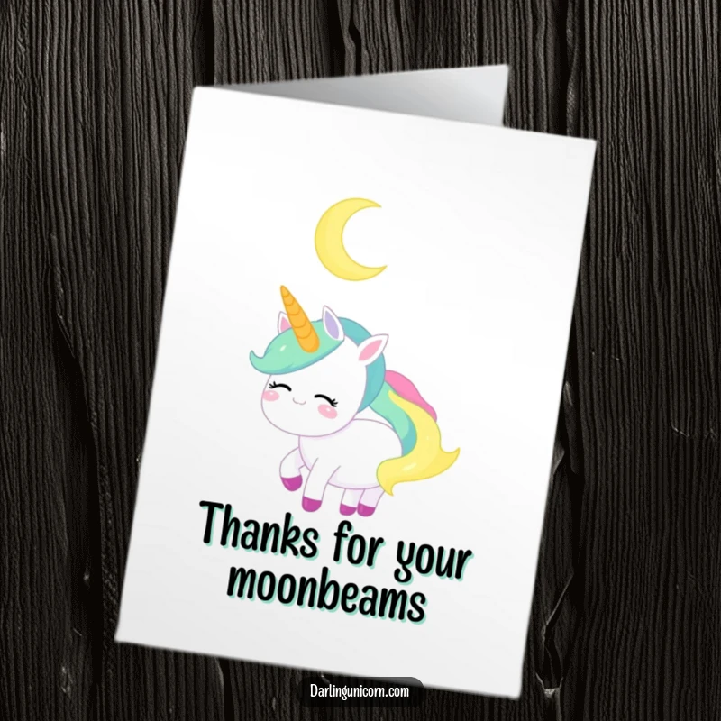 Free Printable Thank You Card: A unicorn peacefully observes a crescent moon with a gentle, contented smile.
