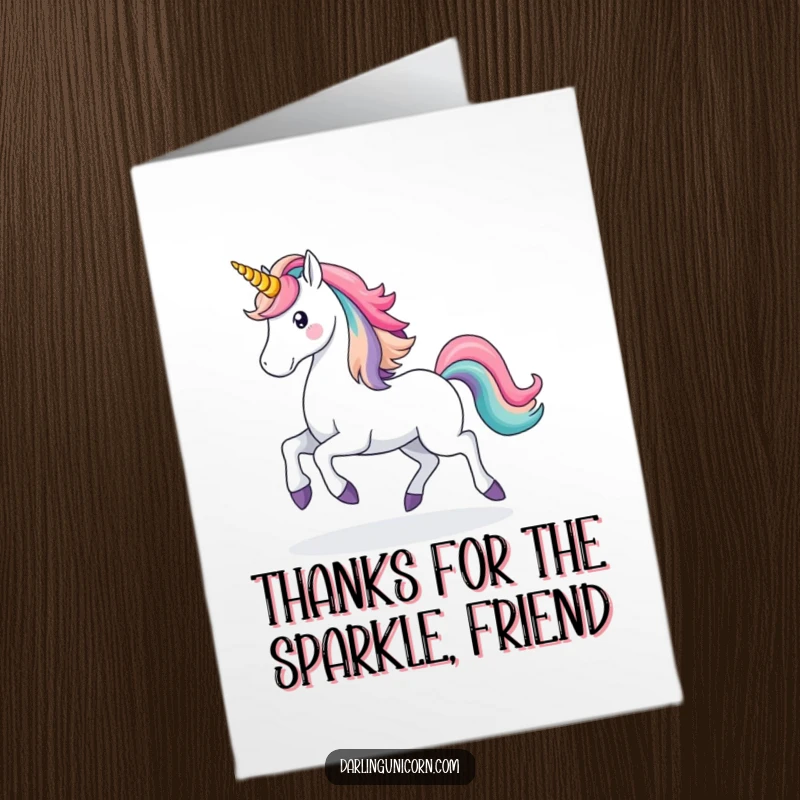 Magical Free Printable Thank You Card: A majestic unicorn prances, leaving a rainbow trail, offering a beautiful and magical thank you.